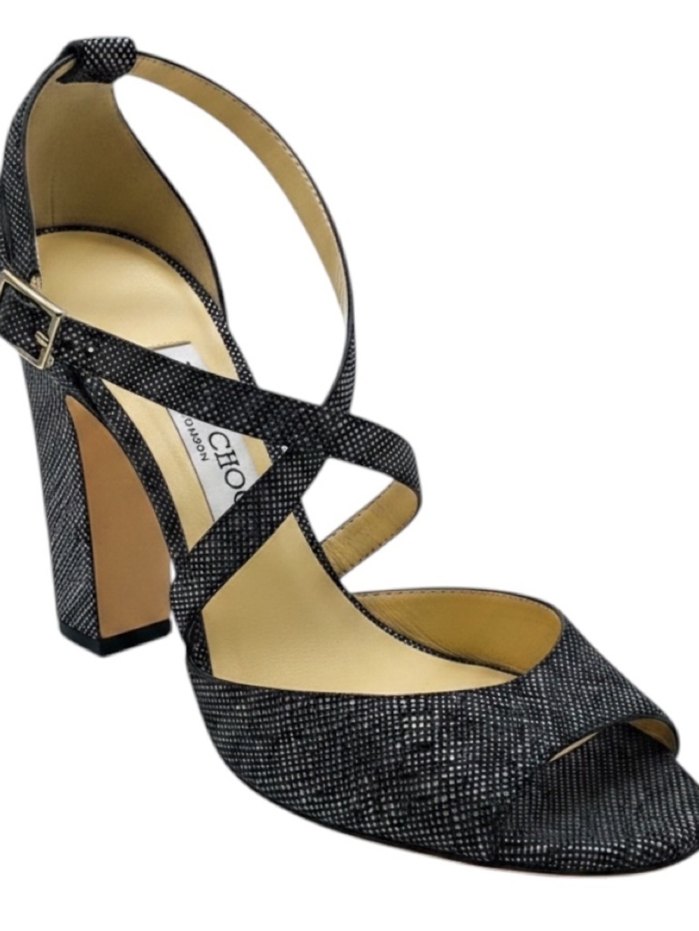 JIMMY CHOO BLACK / WHITE WOVEN CROSS STRAP SANDALS